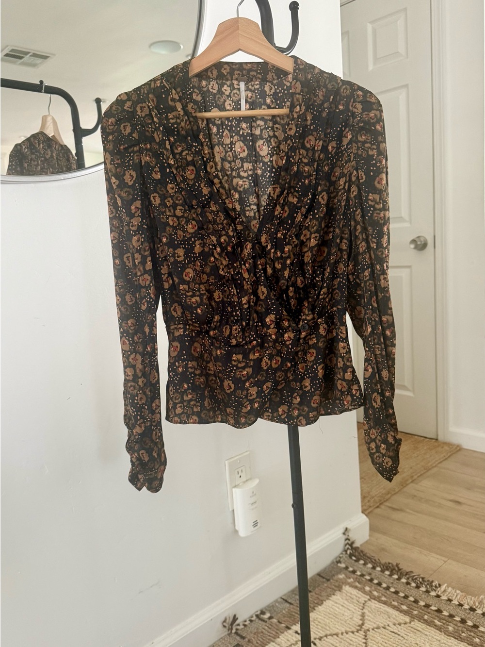 Free People Black Floral V-Neck Long Sleeve Blouse